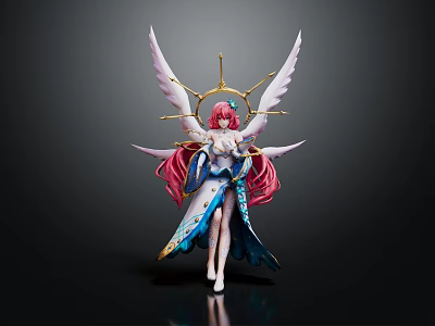 Winged Anime Character Figure With Pink Long Hair Blue White Outfit And Golden Halo 3d model