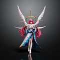 Winged Anime Character Figure With Pink Long Hair Blue White Outfit And Golden Halo