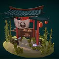 Cartoon Style Chinese Pagoda Pavilion With Dim Sum Red Lanterns Bamboo And Full Moon