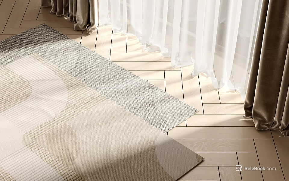 Square Light Toned Rug Placed On Wooden Floor By Curtains 3d model 
