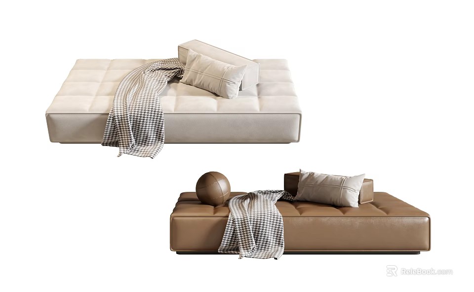 Modern Light And Brown Ottoman Stools With Decorative Pillows Plaid Blanket And Round Ball Decor 3d model 