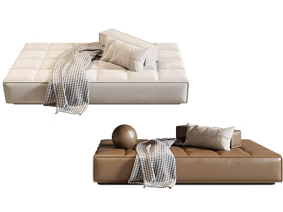 Modern Light And Brown Ottoman Stools With Decorative Pillows Plaid Blanket And Round Ball Decor 3d model