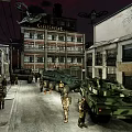 Military Soldiers On Urban Street With Buildings Helicopter Red Sky And GARAGE Sign