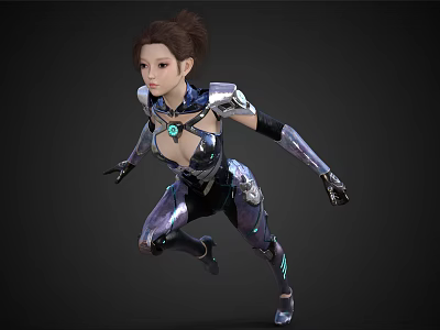 Woman in Futuristic Tech Armor with Silver Blue Glow Illuminated Elements Running Against Dark Background 3d model