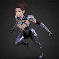 Woman in Futuristic Tech Armor with Silver Blue Glow Illuminated Elements Running Against Dark Background