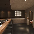 Japanese Restaurant Interior With Wooden Bar Counter High Stools Warm Lighting And Wine Racks