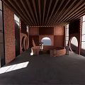 Rustic Red Brick Interior Space With Circular Archways Wooden Ceiling And Round Windows 3d model