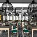 Modern Hot Pot Restaurant Interior With Dining Tables Chairs And Decorative Lighting 3d model