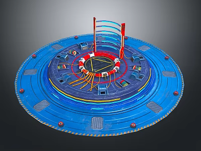 Circular Blue Structure With Red Vertical Supports And Central Ring Design 3d model