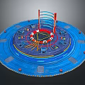 Circular Blue Structure With Red Vertical Supports And Central Ring Design