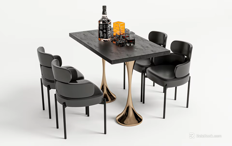 Stylish Black Table With Golden Base And Black Leather Chairs Featuring Wine Bottle And Glasses 3d model 