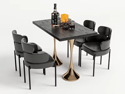 Stylish Black Table With Golden Base And Black Leather Chairs Featuring Wine Bottle And Glasses 3d model