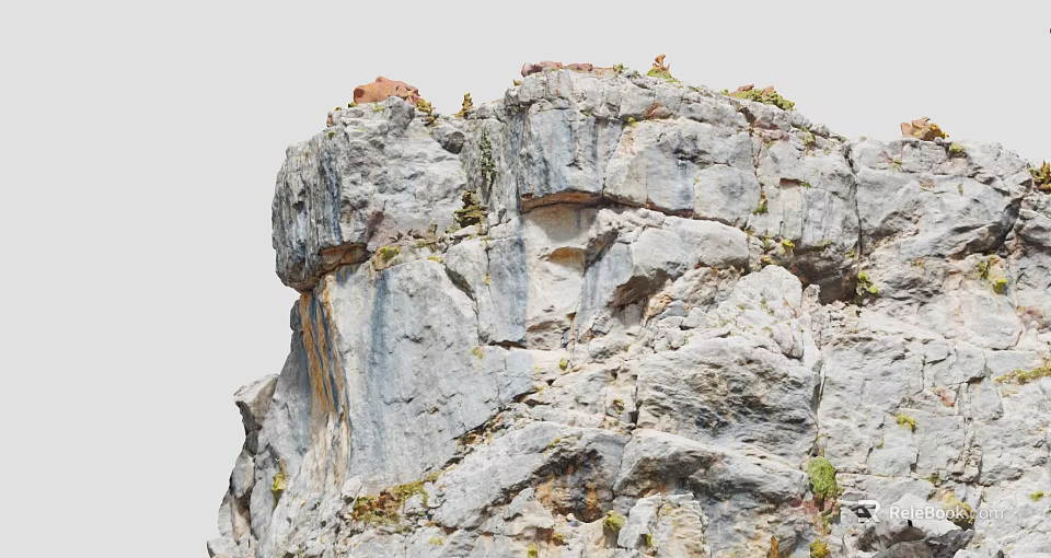 Scenic Rock Cliff With Mountain Goat Standing On Top And Green Plants 3d model 