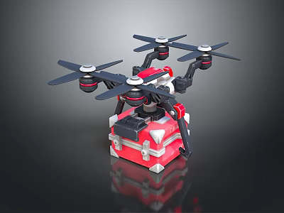 Quadcopter Drone Equipment With Four Black Propellers And Red Carrying Case 3d model