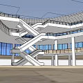 Modern Commercial Street With Circular Glass Architecture And Multi level Pedestrian Area
