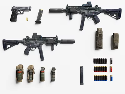 Weapon Collection Displaying Handguns Rifles Ammunition Magazines And Grenades On White Background 3d model