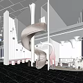 Modern Front Desk Reception Area With Pink Spiral Staircase And Sleek Interior Decor