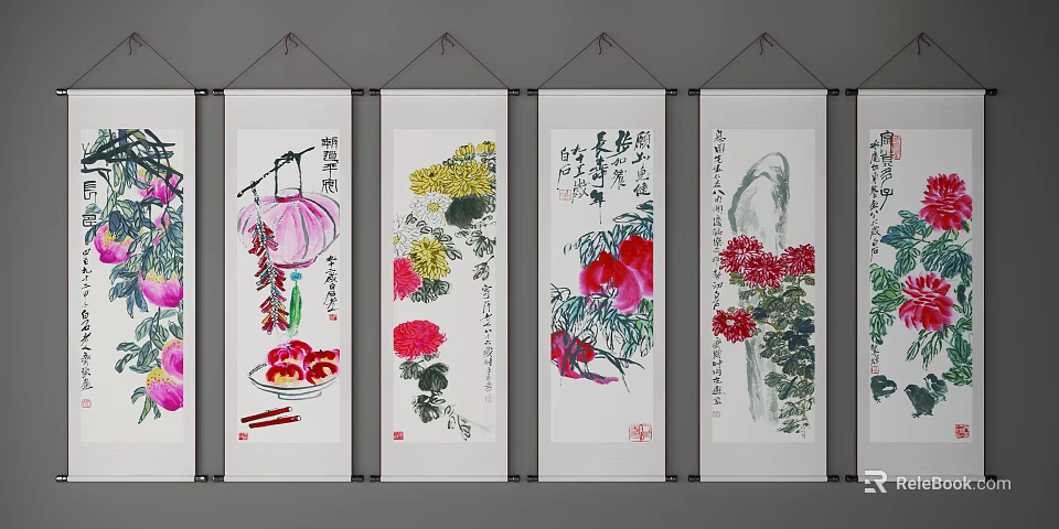 Traditional Chinese Botanical Paintings with Flowers and Calligraphy on Scrolls 3d model 