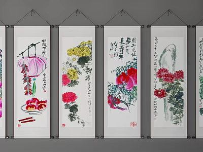 Traditional Chinese Botanical Paintings with Flowers and Calligraphy on Scrolls 3d model
