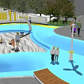 Outdoor Kids Water Playground With Pool Slides Sandpit And Green Trees