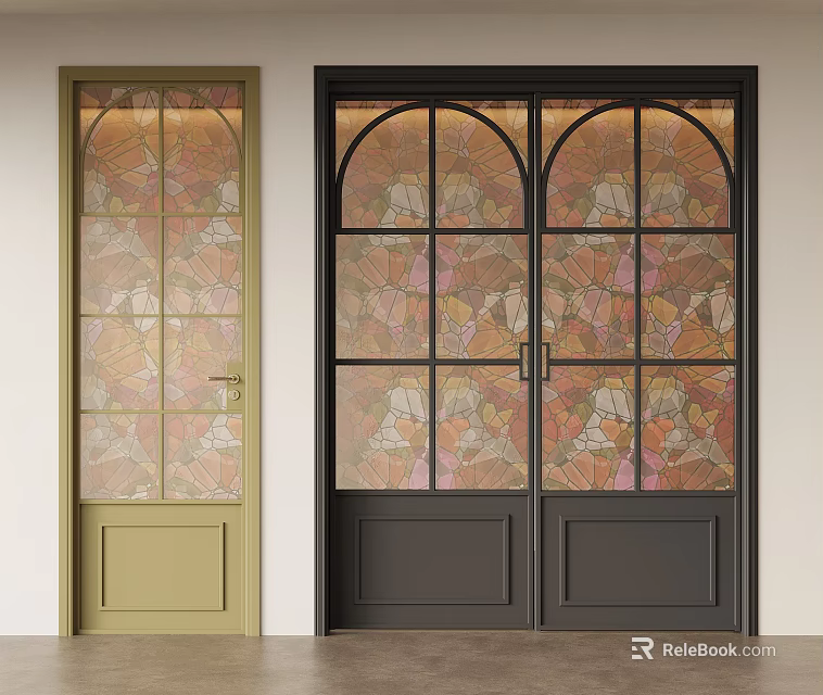 Sliding Doors with Green and Black Frames and Decorative Patterned Glass Panels 3d model 