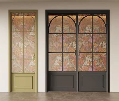 Sliding Doors with Green and Black Frames and Decorative Patterned Glass Panels 3d model