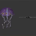 Purple Jellyfish Floating with Transparent Manta Ray Swimming in Dark Background