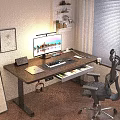 Modern Wooden Office Desk With Computer Monitor Keyboard Open Drawer And Gaming Chair