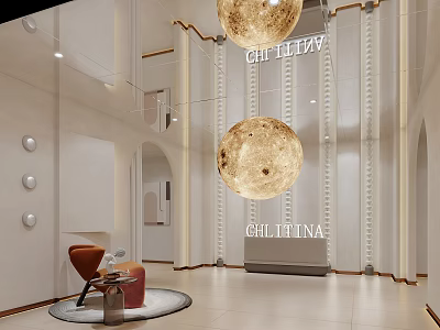 Elegant Luxury Beauty Salon Reception Interior With Soft Cream Tone And Artistic Moon Lamp Decor 3d model