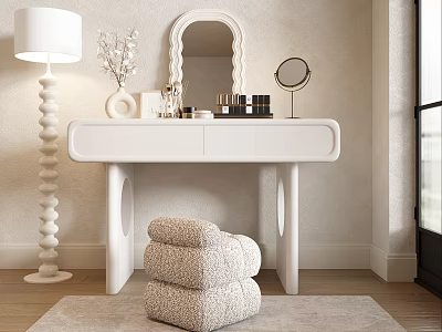 White Dressing Table with Mirror Cosmetics White Floor Lamp and Fuzzy Stool on Beige Wall 3d model