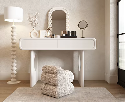 White Dressing Table with Mirror Cosmetics White Floor Lamp and Fuzzy Stool on Beige Wall 3d model