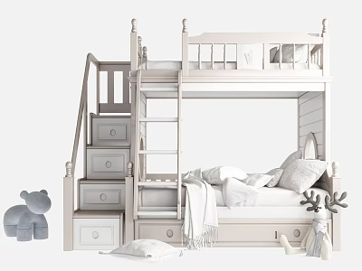 White Bunk Bed With Staircase Storage Drawers And Kids Room Decorative Toys 3d model