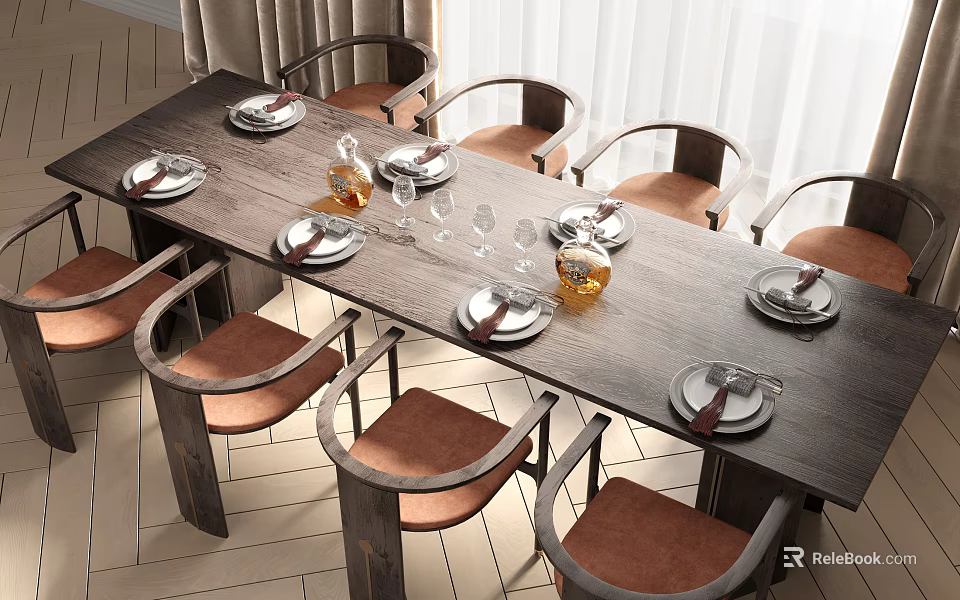 Wooden Dining Table Set with Six Brown Cushioned Chairs Plates Utensils Wine Glasses Decorative Bottle 3d model 