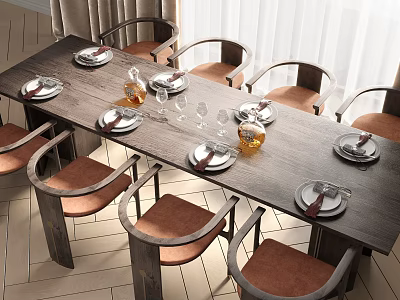 Wooden Dining Table Set with Six Brown Cushioned Chairs Plates Utensils Wine Glasses Decorative Bottle 3d model