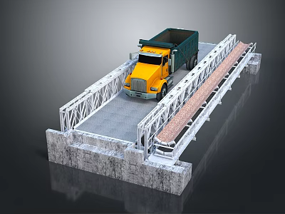 Yellow Dump Truck Driving On Metal Frame Bridge With Concrete Base 3d model
