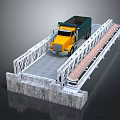 Yellow Dump Truck Driving On Metal Frame Bridge With Concrete Base