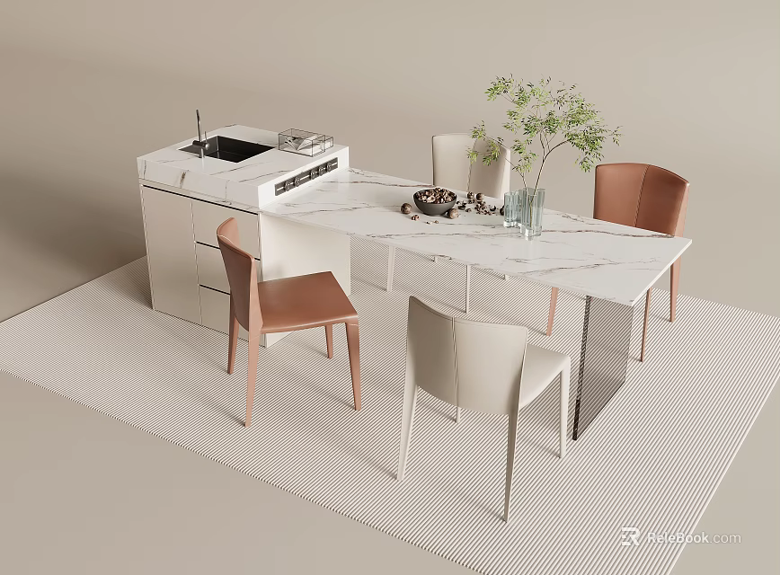 Elegant Modern Dining Table With White Marble Surface Wooden White Chairs Green Plant Vase 3d model 