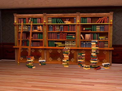 Decorative Wooden Bookcase With Multiple Compartments Filled With Books And Stacks On Floor 3d model