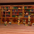 Decorative Wooden Bookcase With Multiple Compartments Filled With Books And Stacks On Floor