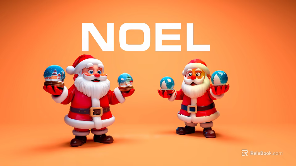 Two Santa Claus Characters Holding Blue Snow Globes On Orange NOEL Background 3d model
