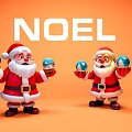 Two Santa Claus Characters Holding Blue Snow Globes On Orange NOEL Background 3d model