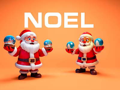 Two Santa Claus Characters Holding Blue Snow Globes On Orange NOEL Background 3d model