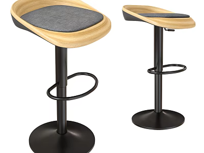Modern Bar Stools With Wooden Seat Gray Cushion And Black Metal Spiral Base 3d model