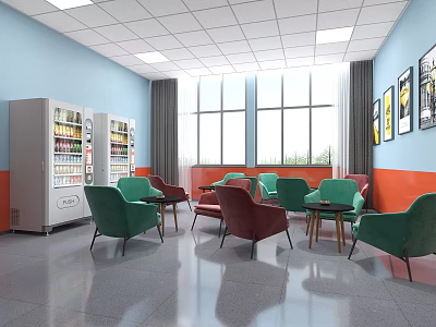 Lounge Area Featuring Green Red Chairs Tables Vending Machines Large Windows And Wall Art 3d model