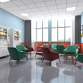 Lounge Area Featuring Green Red Chairs Tables Vending Machines Large Windows And Wall Art