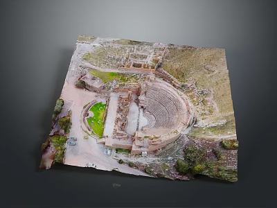 Aerial View Of Ancient Amphitheater Ruins With Green Grass And Historical Landscape 3d model