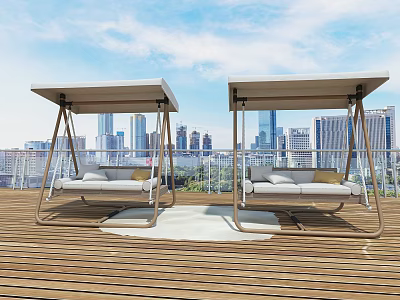Outdoor Hanging Chairs on Wooden Deck with City Skyline Canopy and White Cushions 3d model