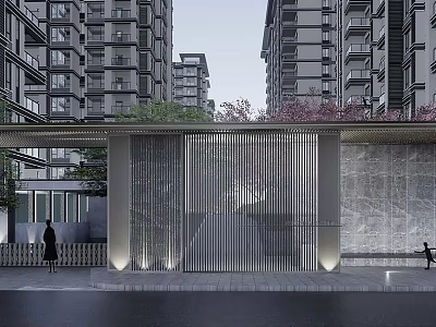Modern High Rise Building Exterior with Vertical Grille Entrance Stone Path and Trees 3d model