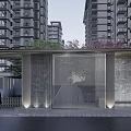Modern High Rise Building Exterior with Vertical Grille Entrance Stone Path and Trees