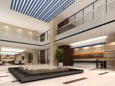 Modern Office Lobby Reception Desk With Stylish Countertop And Decorative Chandelier 3d model